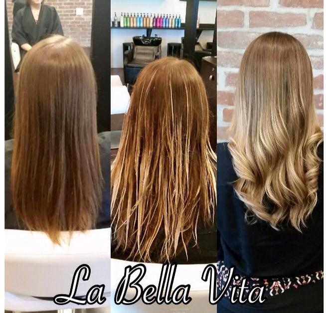 Before,during and after Balayage highlights and Cut.