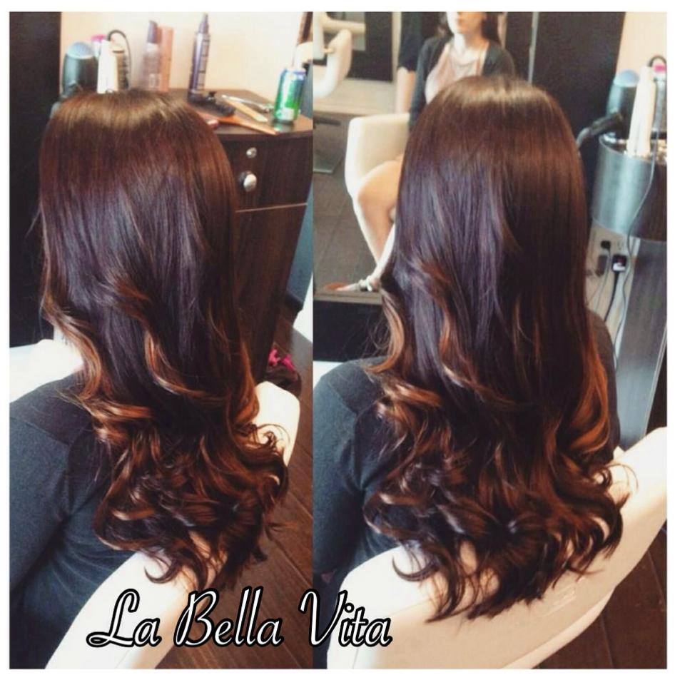 Root to end color, balayage highlights, cut and style. Before and after